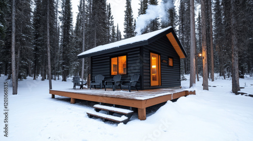 Wallpaper Mural 1857s, A charming rustic cabin with smoke curling from the chimney, surrounded by nature, showcasing tranquility and warmth in a high-fidelity image. Torontodigital.ca