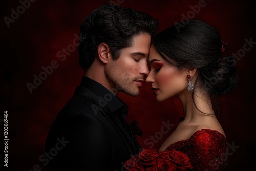 Two lovers gaze into each other's eyes, wrapped in a tender embrace, igniting a spark of passion that fills the air with romance and warmth.