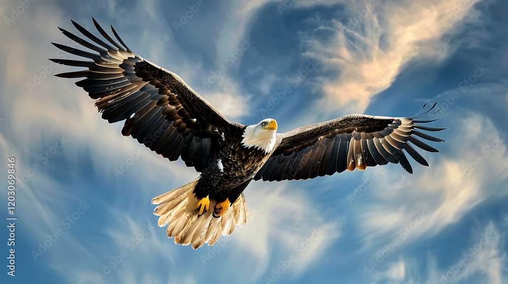 Naklejka premium A majestic eagle soaring high in the sky, symbolizing freedom and strength in life.