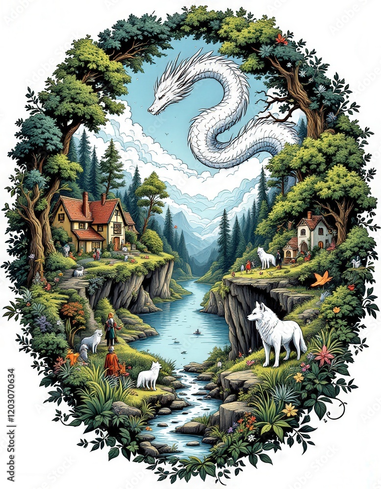 Fototapeta premium Enchanted Fantasy Landscape with Dragon and Wolf
