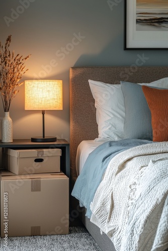 A stylish bedroom with fresh linens, unpacked boxes, and a bedside lamp, photo