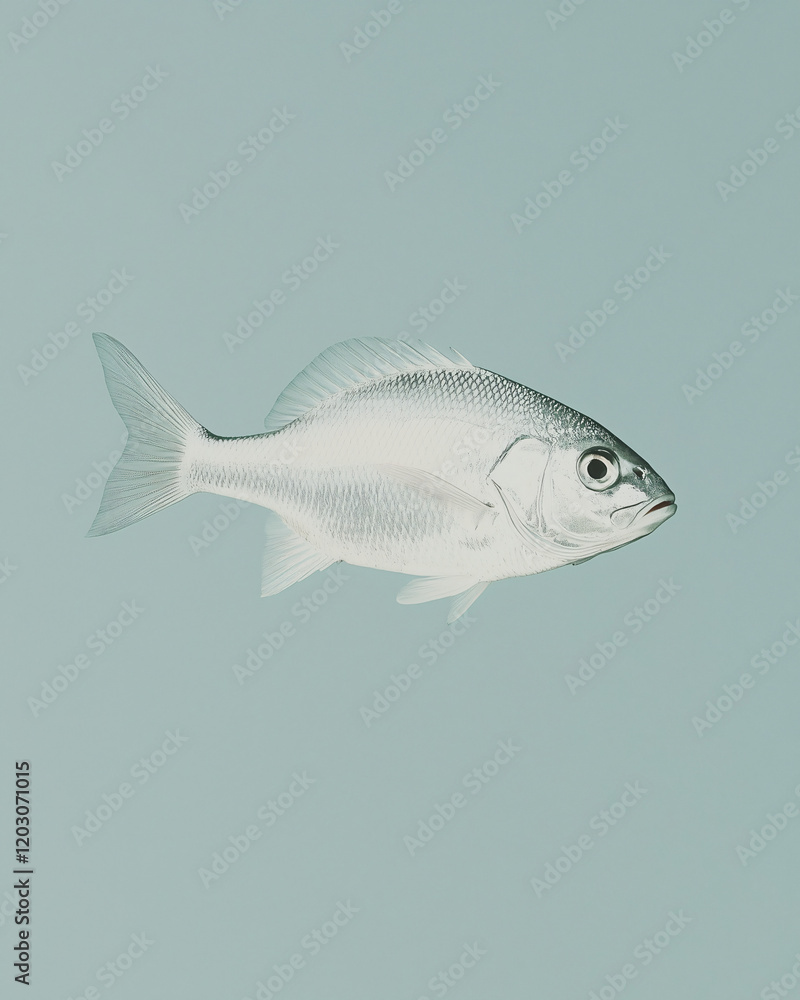 Obraz premium Silver Perch Portrait: A detailed illustration of a silvery perch, with its distinctive fins and scales rendered in precise detail, stands out against a pale blue background.