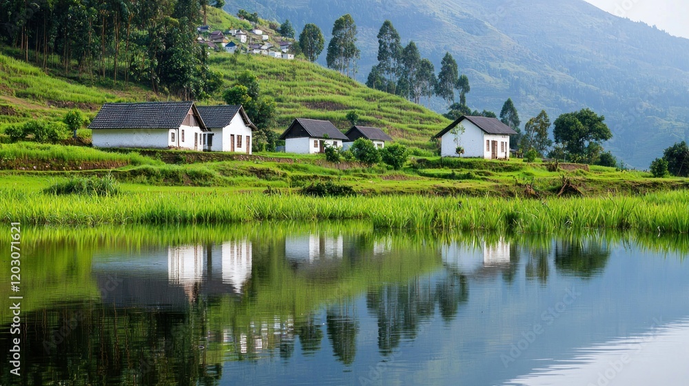 Obraz premium Tranquil Village Lakeside Reflection