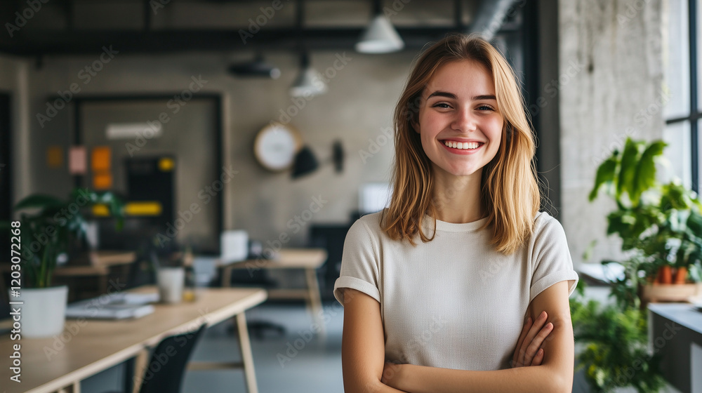 Cheerful young woman in professional attire, seated in modern workplace.