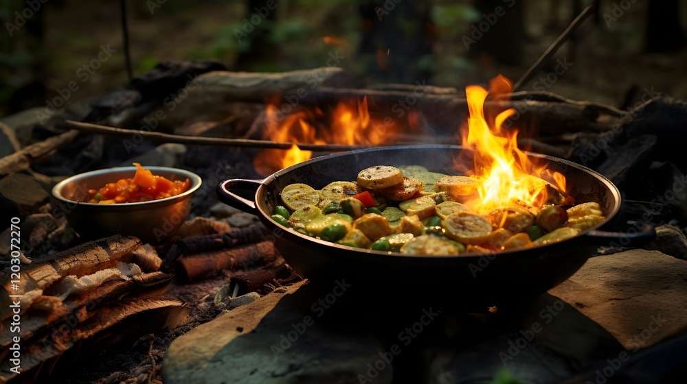 Rustic and Peaceful Outdoor Dining Experience with Bonsai Soup Cooked Over an Open Fire in a Natural Forest Setting Rustic and Peaceful Outdoor Dining Experience with Bonsai Soup Cooked Over an Open Fire in a Natural Forest Setting