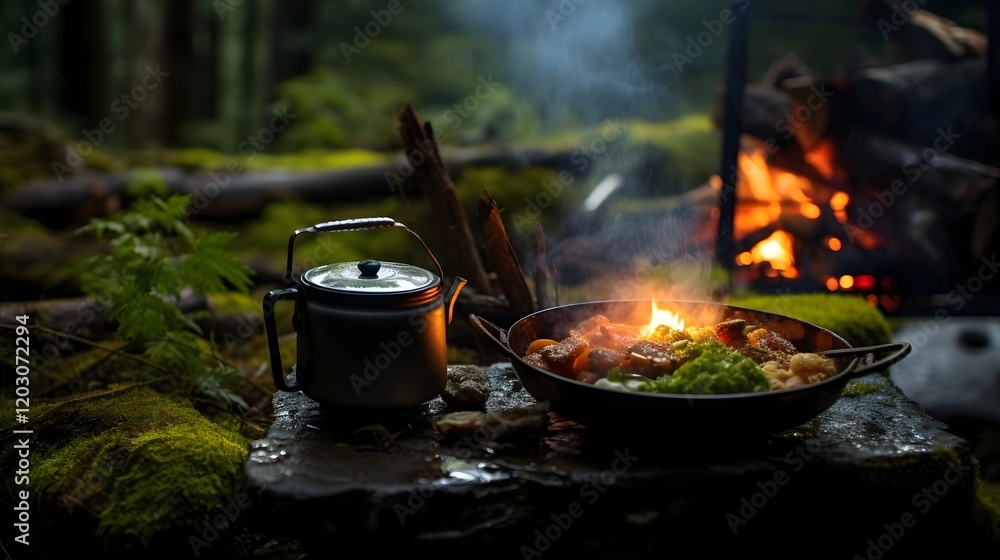 Rustic outdoor meal with bonsai soup cooked over an open fire in a peaceful forest setting creating a tranquil and serene atmosphere The homemade natural dish is surrounded by lush foliage rocks Rustic outdoor meal with bonsai soup cooked over an open fire in a peaceful forest setting creating a tranquil and serene atmosphere The homemade natural dish is surrounded by lush foliage rocks