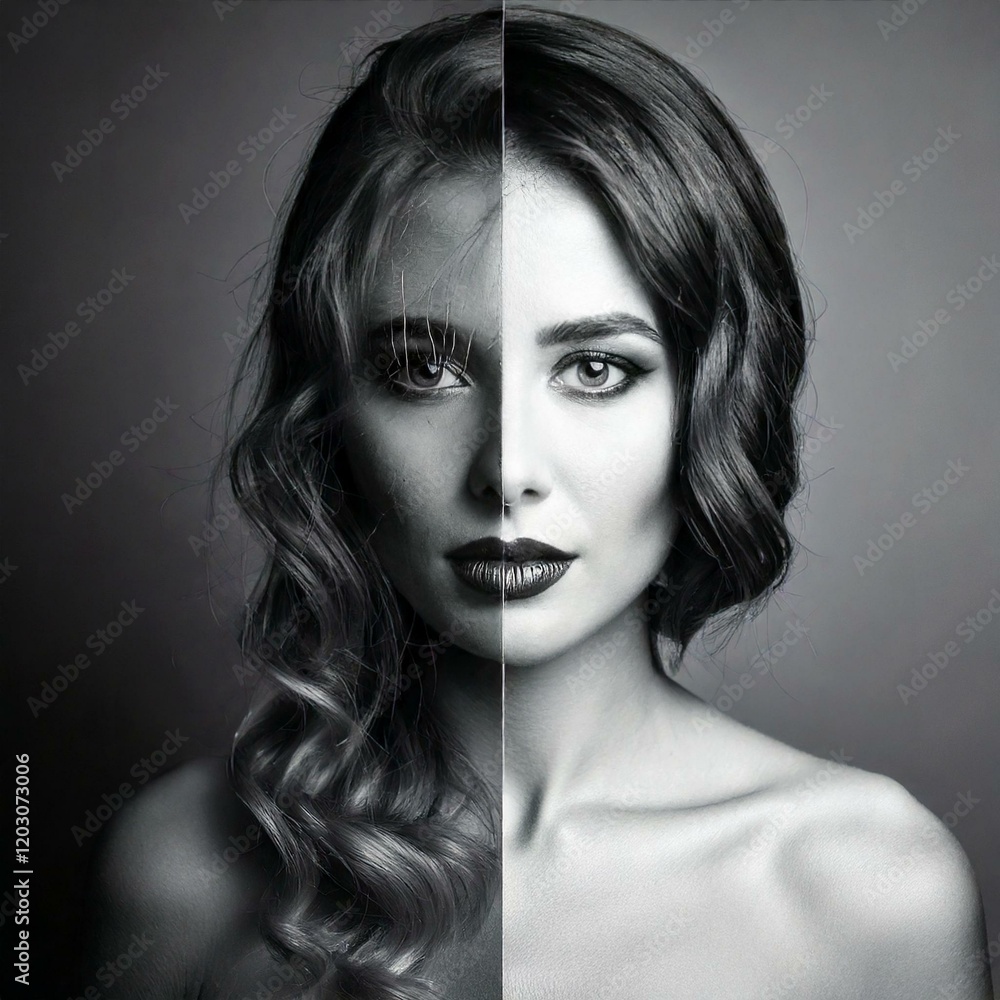 Fototapeta premium A colorful portrait - divided by half of the image into parts - style and female; bright makeup, hairstyle, unusual appearance