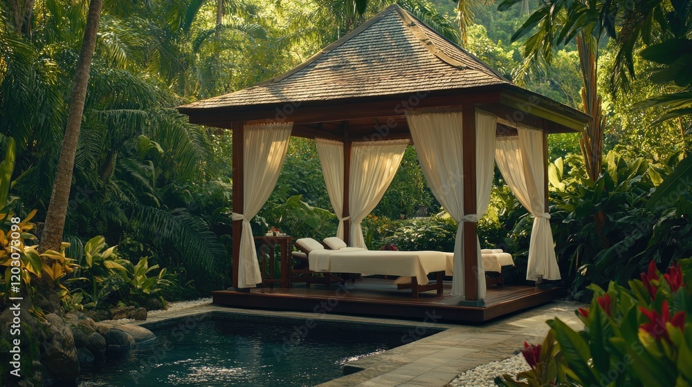 Tranquil Tropical Spa Gazebo with Poolside Relaxation Tranquil Tropical Spa Gazebo with Poolside Relaxation