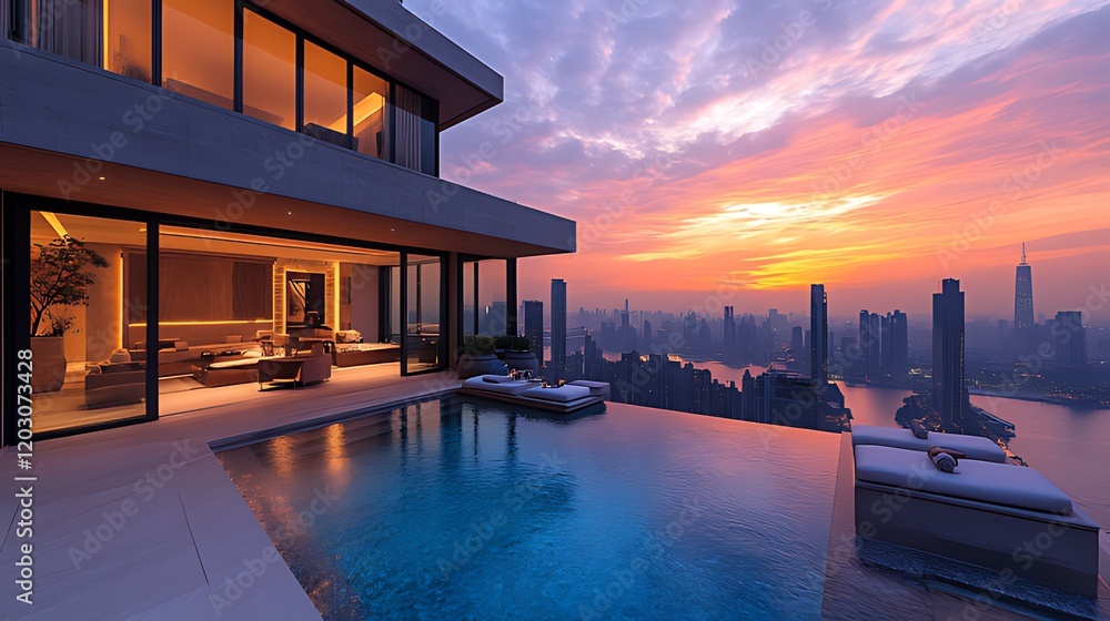 Fototapeta premium Modern penthouse sunset infinity pool city view