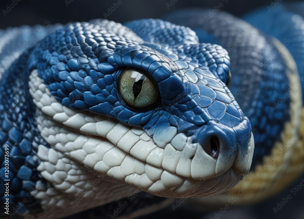 Fototapeta premium Close-up shot of a blue viper snake's face, showing its distinctive markings and expression, animal, texture, snake, reptile, wildlife