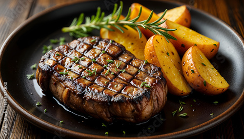 Juicy grilled steak with crispy roasted potatoes and fresh rosemary on a black plate, rustic wooden background, appetizing meal photo