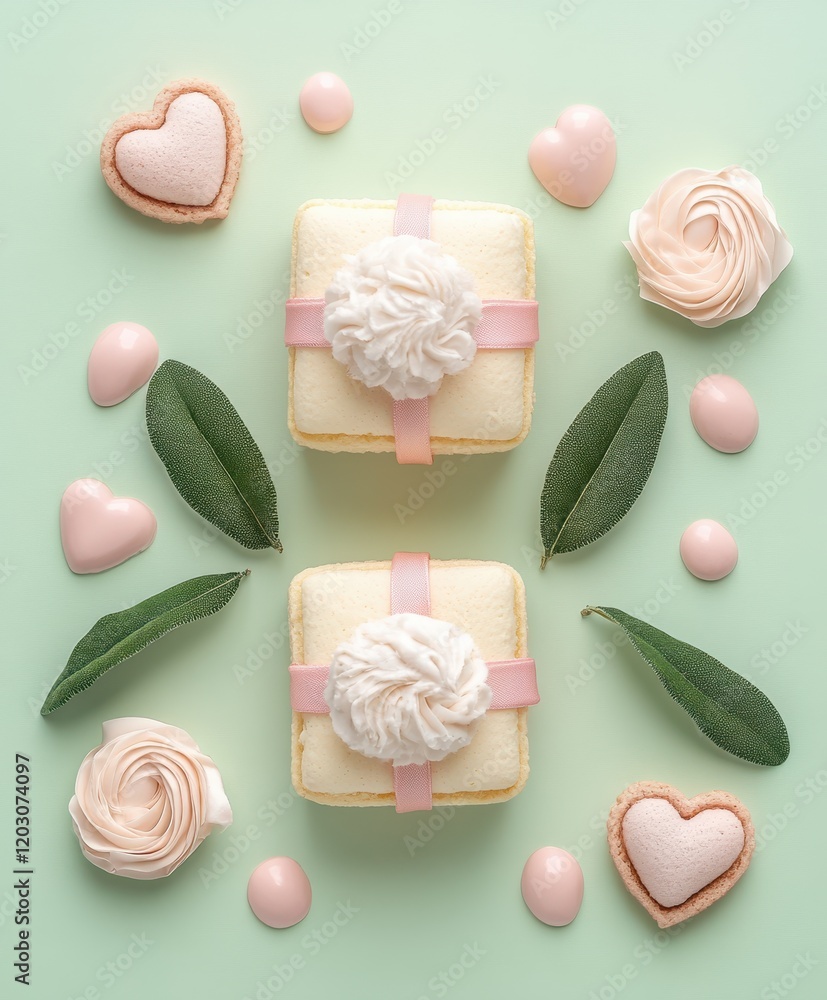 Two delightful cakes, adorned with white frosting and pink icing, rest charmingly on a lush green surface, celebrating love's sweet moments.