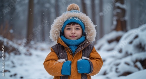 Child bundled up in winter clothes with snowy forest backdrop