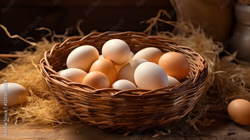 Rustic Woven Basket Filled with Fresh Farm Raised Eggs for Homemade Culinary Creations and Nourishing Meals Rustic Woven Basket Filled with Fresh Farm Raised Eggs for Homemade Culinary Creations and Nourishing Meals