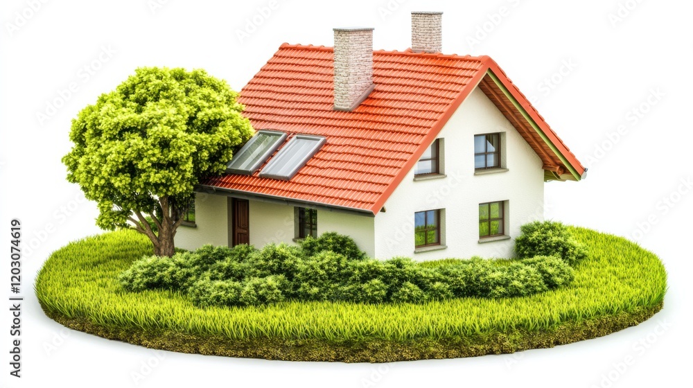 A charming house with solar panels surrounded by lush greenery and a tree in the garden A charming house with solar panels surrounded by lush greenery and a tree in the garden