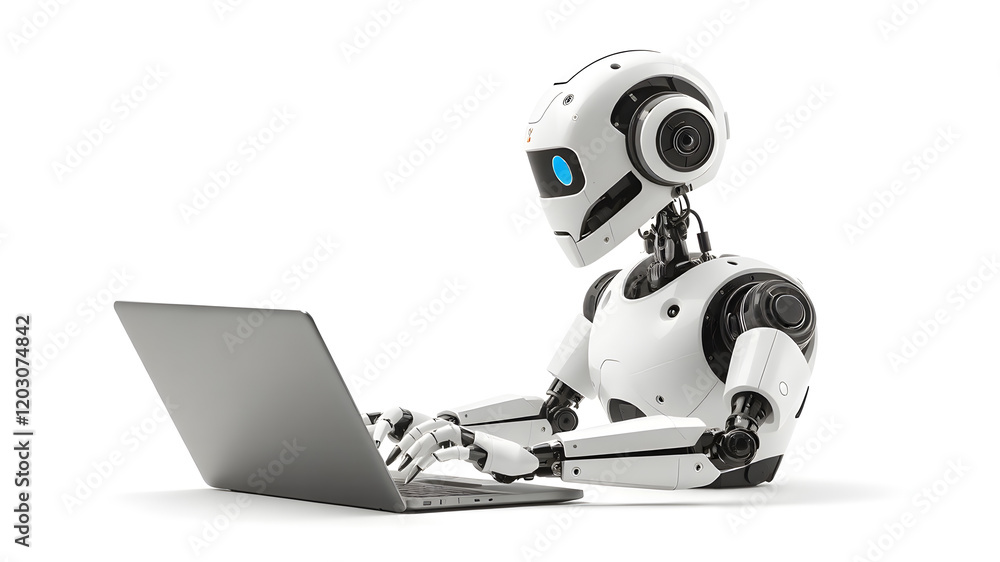 Fototapeta premium AI robot is using a laptop and isolated on white background