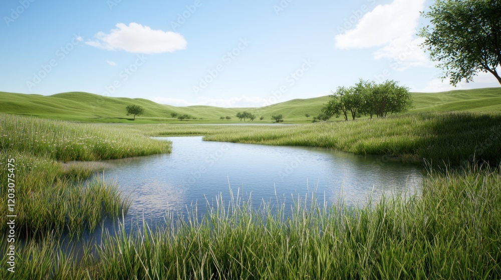 Serene Summer Meadow with Calm Lake Serene Summer Meadow with Calm Lake