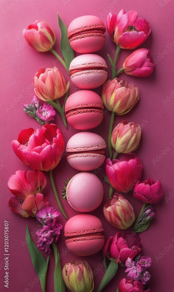 A romantic scene unfolds with delicate pink and red macarons nestled among vibrant tulips, all set against a soft pink backdrop, perfect for Valentine's Day. A romantic scene unfolds with delicate pink and red macarons nestled among vibrant tulips, all set against a soft pink backdrop, perfect for Valentine's Day.