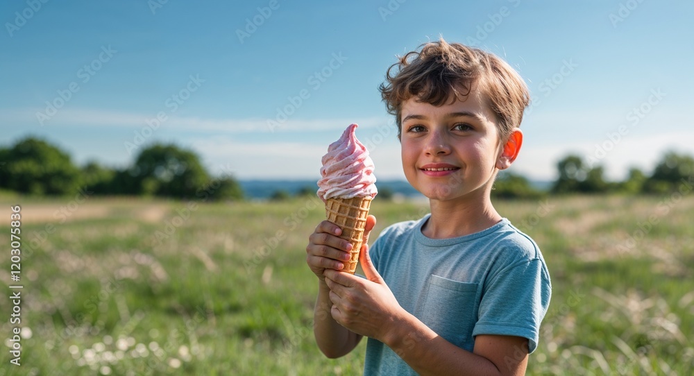 Child holding ice cream on summer vacation with clear skies Child holding ice cream on summer vacation with clear skies