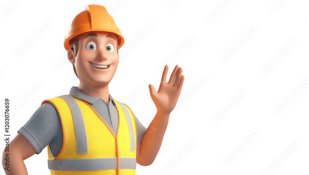 3D illustration of male engineer Owen saying hello, presenting an engineer pose.
3D illustration of male engineer Owen saying hello, presenting an engineer pose.