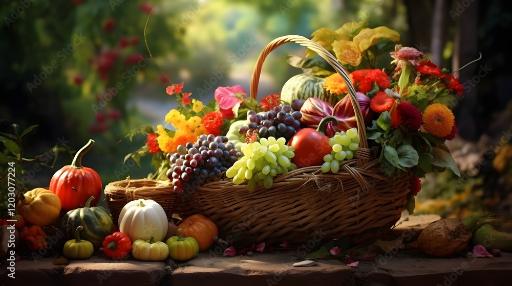 Lush garden scene with a bountiful harvest of colorful fresh vegetables nestled in a rustic woven basket Seasonal autumn setting with a warm natural feel showcasing the abundance of nature s produce Lush garden scene with a bountiful harvest of colorful fresh vegetables nestled in a rustic woven basket Seasonal autumn setting with a warm natural feel showcasing the abundance of nature s produce