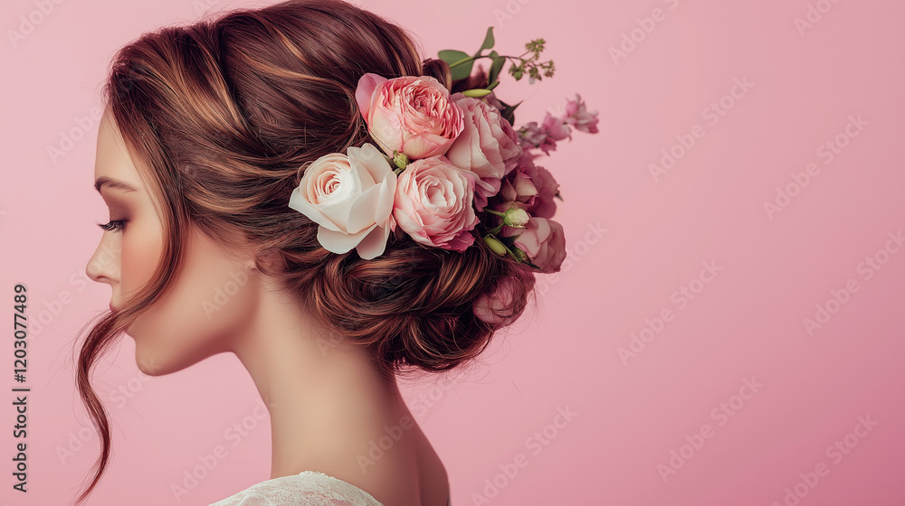 Naklejka premium Romantic Flower Arrangement on Pastel Pink Background with Elegant Floral Design
