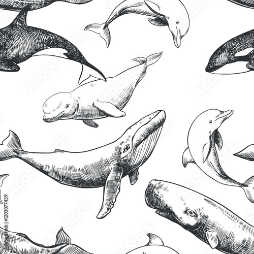 Seamless pattern with sea animals on a white background. Hand drawn vector sketch in engraving technique. Sperm whale, humpback whale, dolphin, beluga whale, killer whale. Monochrome ink drawing.