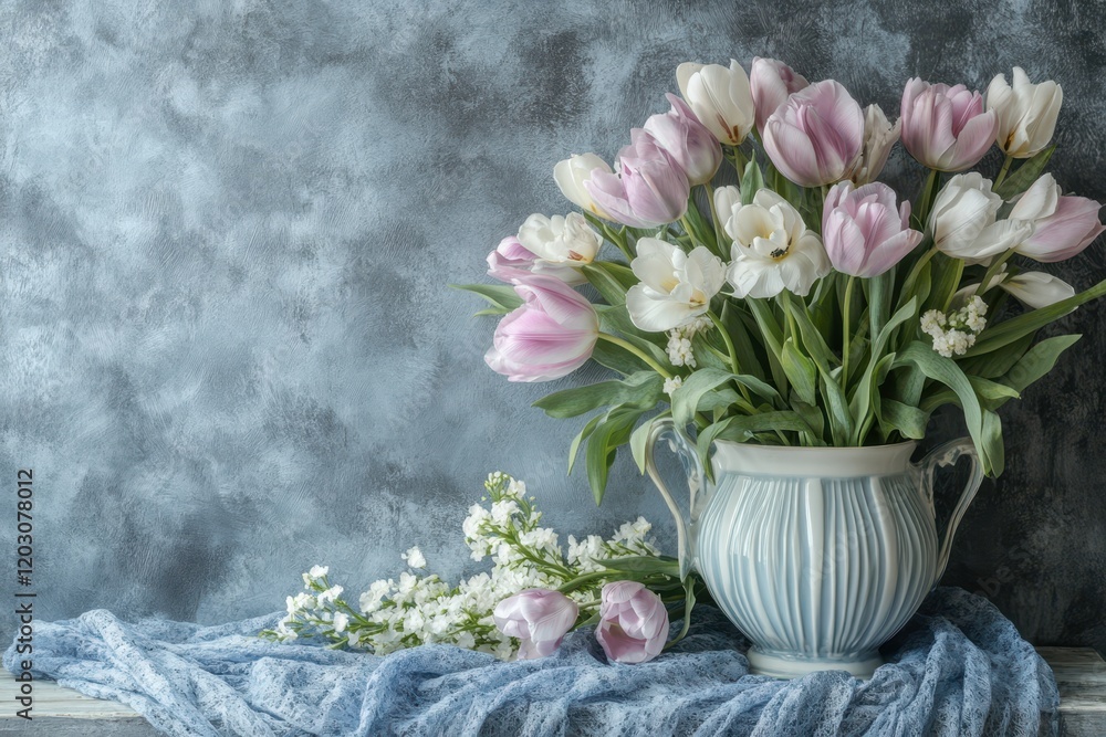 Fototapeta premium A charming vase brimming with vibrant flowers rests atop a soft blue cloth, radiating love and warmth for a perfect Valentine's Day celebration.