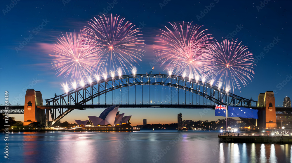 Obraz premium Fireworks and flag of Australia