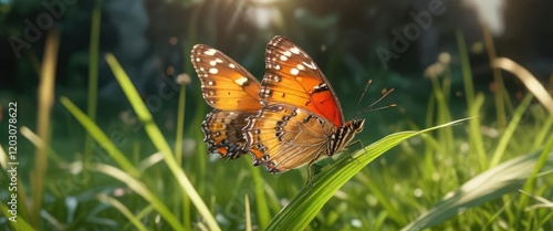 butterfly perched on a single blade of grass in sunlight, butterfly, grass, sunbeam photo