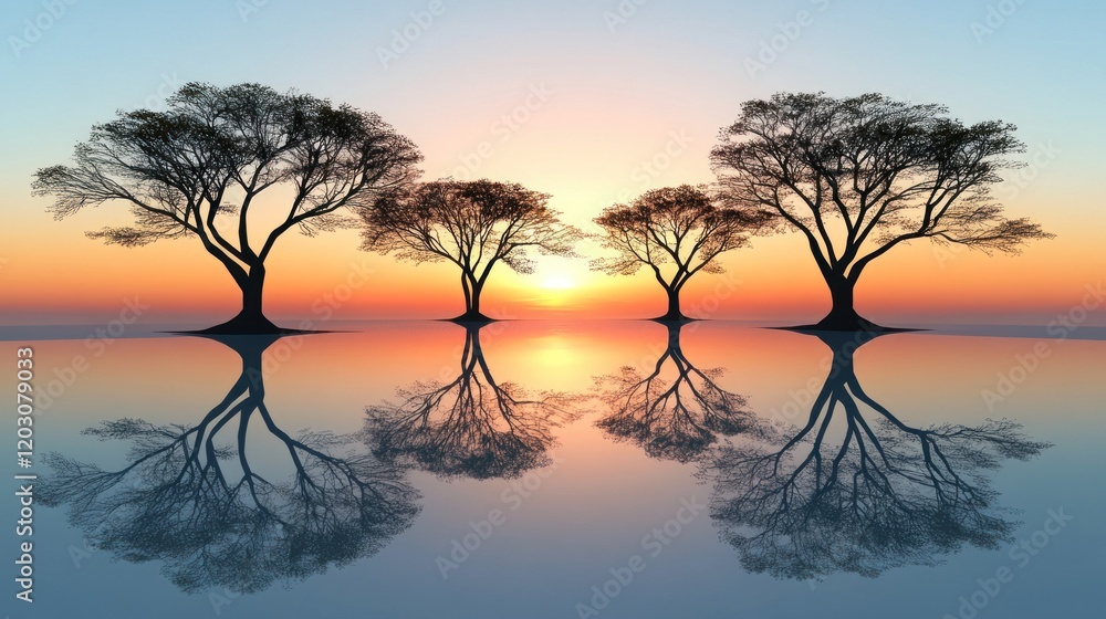Tranquil sunset reflecting on calm water with three silhouetted trees. Tranquil sunset reflecting on calm water with three silhouetted trees.