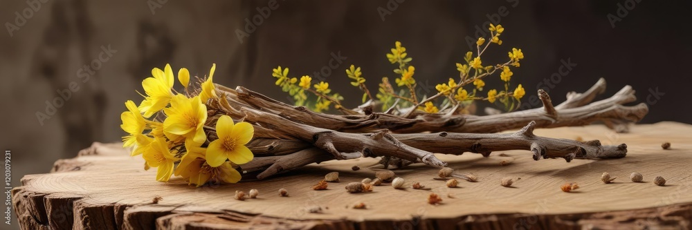 Fototapeta premium Brown dried Acacia leaves and twig on a wooden stump with yellow flower buds, woodland, twigs