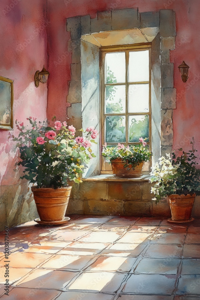 Sunlit room, potted flowers, window view. Sunlit room, potted flowers, window view.