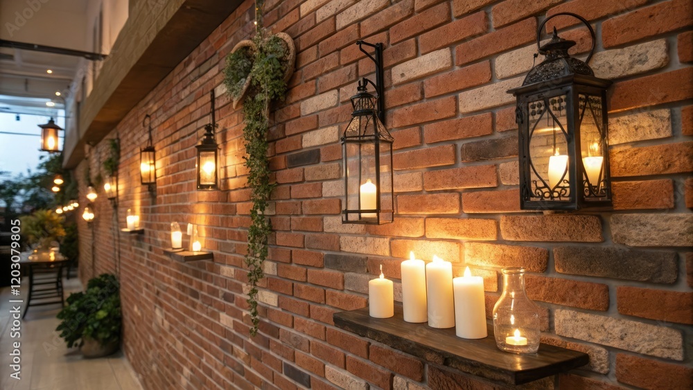 Brick wall adorned with lanterns and candles, autumn leaves, pathway lighting, garden decor, home decor, glowing decorations Brick wall adorned with lanterns and candles, autumn leaves, pathway lighting, garden decor, home decor, glowing decorations