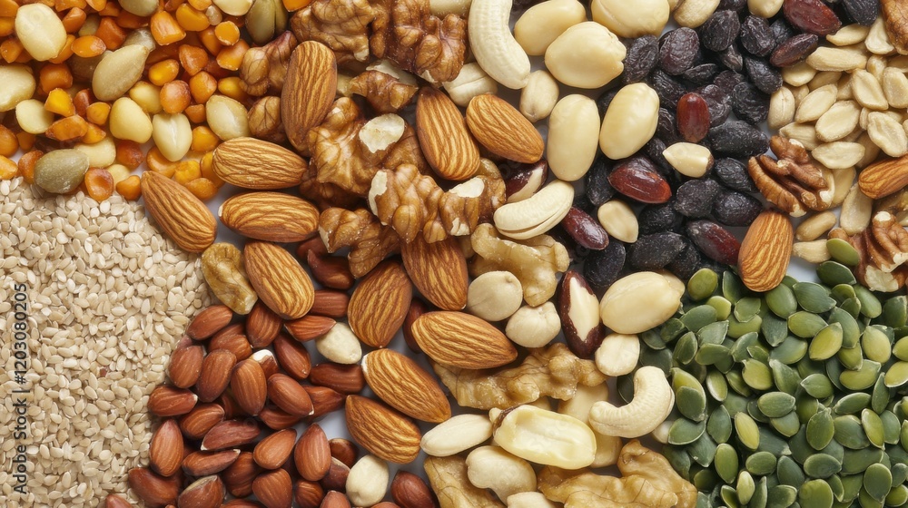 Nutrient-Rich Flat Lay of Nuts and Seeds Nutrient-Rich Flat Lay of Nuts and Seeds