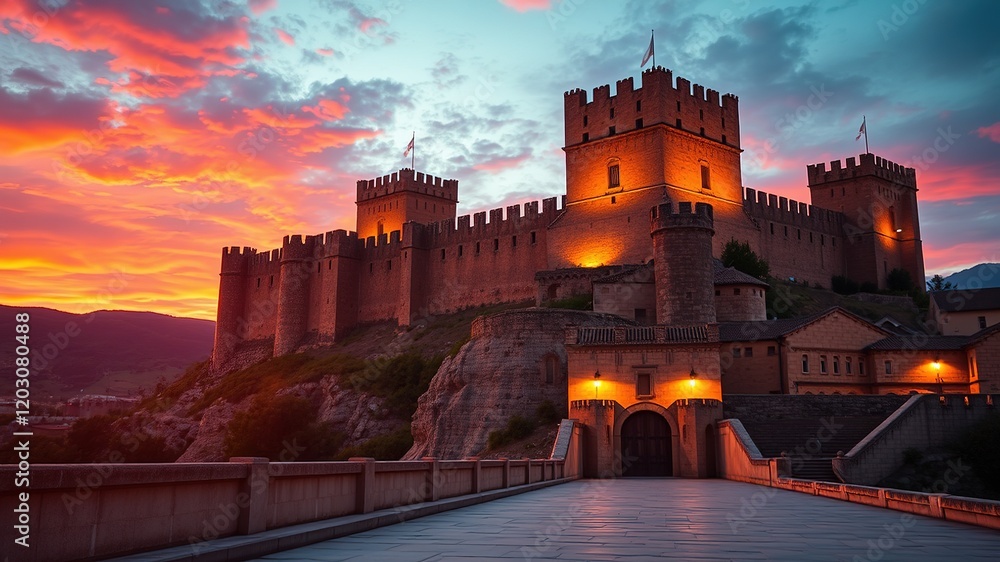 Fototapeta premium Belmonte Castle Cuenca Spain Sunset Epic Fortress, Medieval Architecture, Dramatic Backlight, High-Quality AI Photo