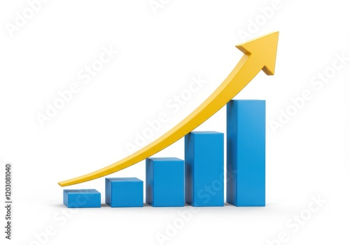 A 3D illustration of a blue bar chart with four increasing bars accompanied by a bold yellow upward arrow Free Download A 3D illustration of a blue bar chart with four increasing bars accompanied by a bold yellow upward arrow - GFXLoad
