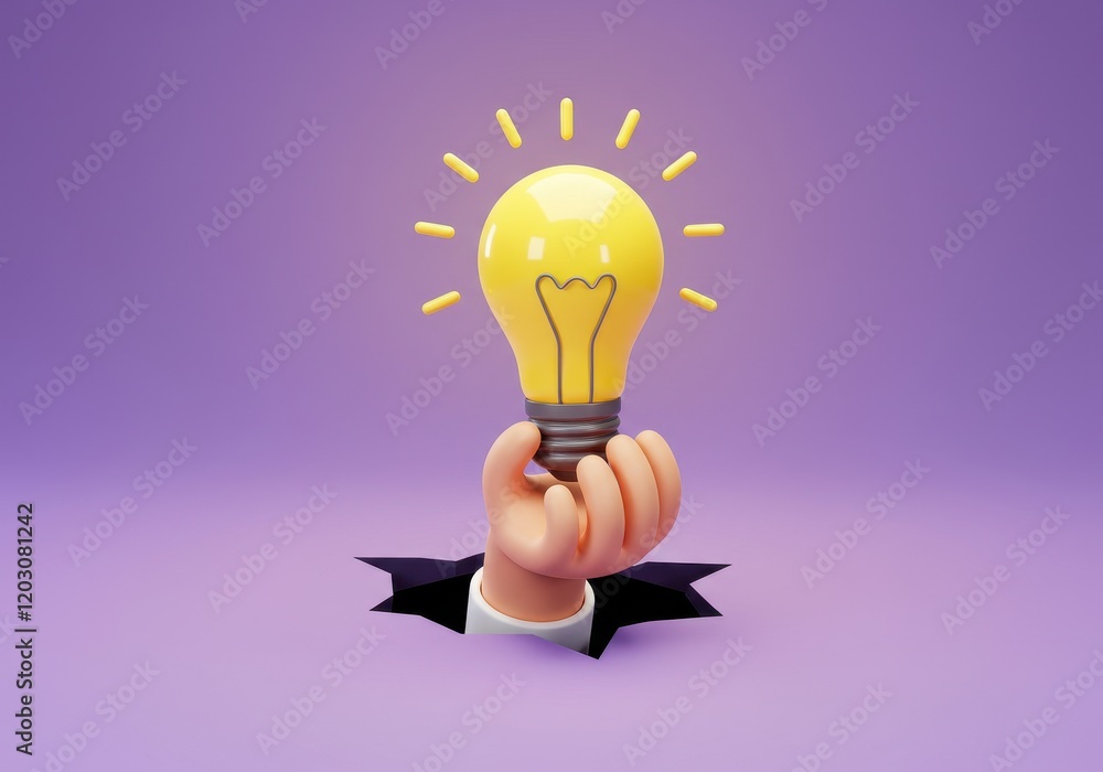 A 3D illustration of a hand emerging from a hole holding a glowing yellow lightbulb A 3D illustration of a hand emerging from a hole holding a glowing yellow lightbulb