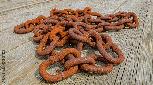 of rusted broken chains on a weathered wooden surface, symbolizing freedom from oppression and struggle for liberation struggle for freedom. 