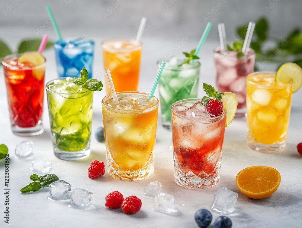 Vibrant iced drinks playfully arranged brightly lit refreshing summer beverages. AI Generated Vibrant iced drinks playfully arranged brightly lit refreshing summer beverages. AI Generated