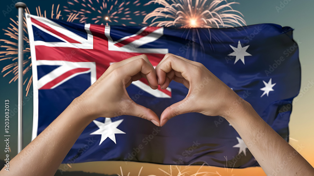 Naklejka premium Hands Forming Heart with Australian Flag and Fireworks
