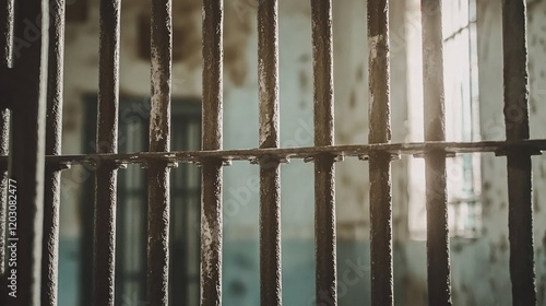 stark monochrome photo of thick iron cell bars with harsh lighting creating deep shadows, highlighting the oppressive nature of incarceration. struggle for freedom.  photo