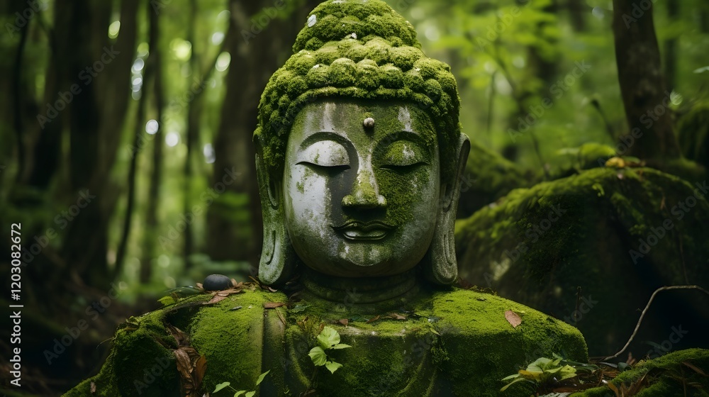 Moss Covered Stone Buddha Head Statue Partially Submerged in Lush Tranquil Forest Landscape Spiritual Serene and Mystical Atmosphere Moss Covered Stone Buddha Head Statue Partially Submerged in Lush Tranquil Forest Landscape Spiritual Serene and Mystical Atmosphere