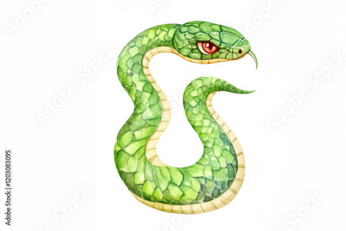 A vibrant green snake with distinctive scales and striking red eyes, coiling elegantly against a white background.