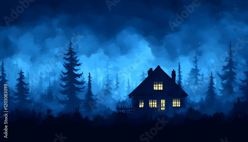 Wallpaper Mural Night forest house, blue sky, digital art, wallpaper Torontodigital.ca