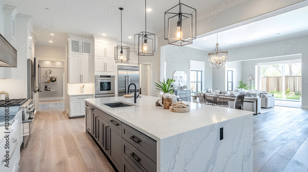 Fototapeta premium Sophisticated kitchen with dark accents, large center island, and modern style.