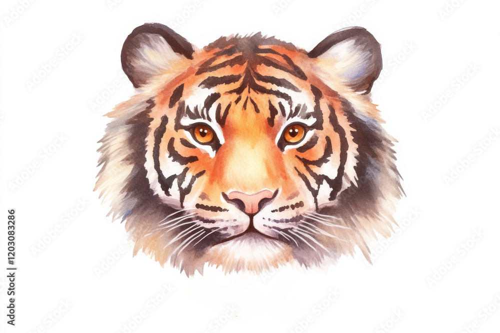 Obraz premium A vibrant watercolor painting of a tiger's face, showcasing its striking orange fur and intense gaze.