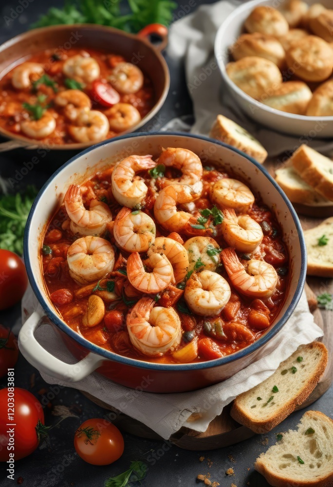 Baked shrimps in a savory tomato sauce with crusty bread, tomato sauce, kitchen Baked shrimps in a savory tomato sauce with crusty bread, tomato sauce, kitchen