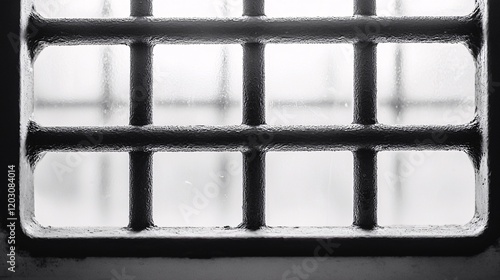 and white image of prison cell bars with high contrast, highlighting severity of imprisonment and open space between bars for text placement struggle for freedom. 
