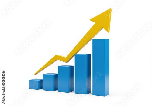 A 3D illustration of a blue bar chart with four increasing bars accompanied by a bold yellow upward arrow Free Download A 3D illustration of a blue bar chart with four increasing bars accompanied by a bold yellow upward arrow - GFXLoad